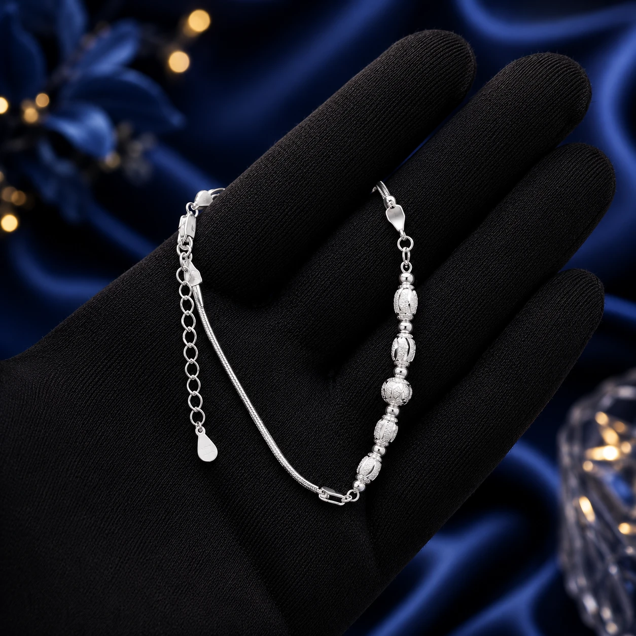Silver Textured Oval Bead Chain Bracelet